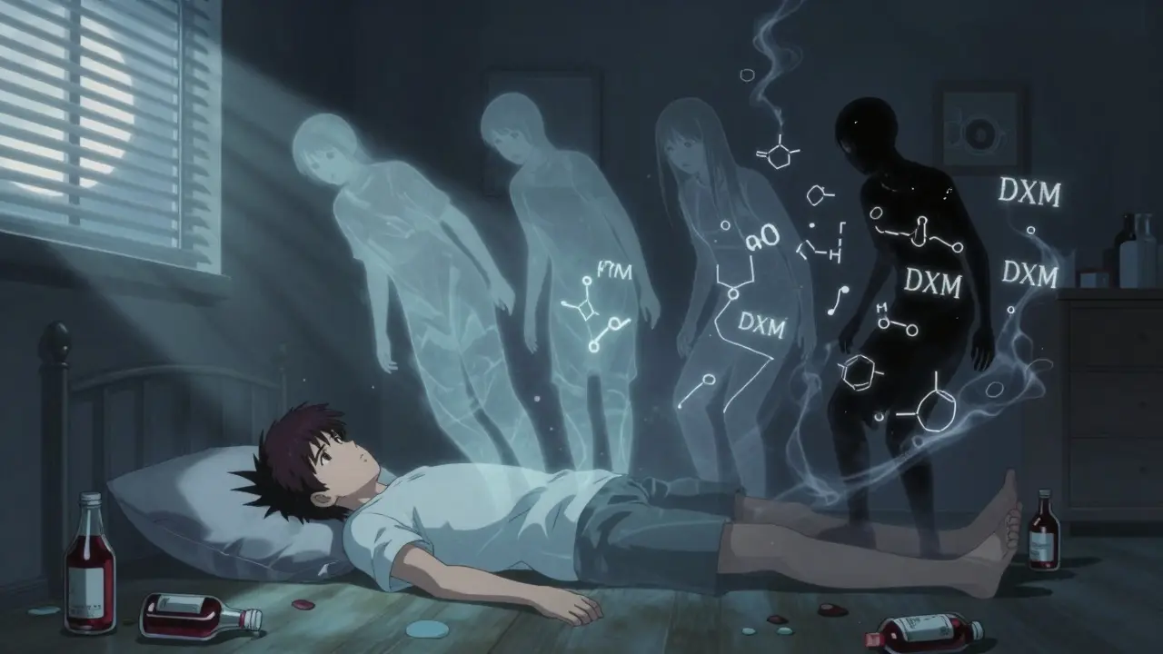 A teen on the floor surrounded by empty syrup bottles, ghostly versions of themselves floating as symbols of DXM's effects.