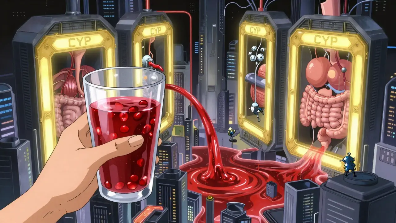 Abstract cityscape representing body enzymes with a glass of red juice held nearby.