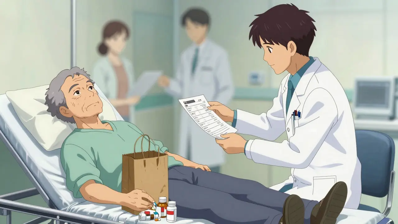 An emergency room scene where a paramedic hands a medication list to a doctor, with pill bottles spilled from a brown bag.