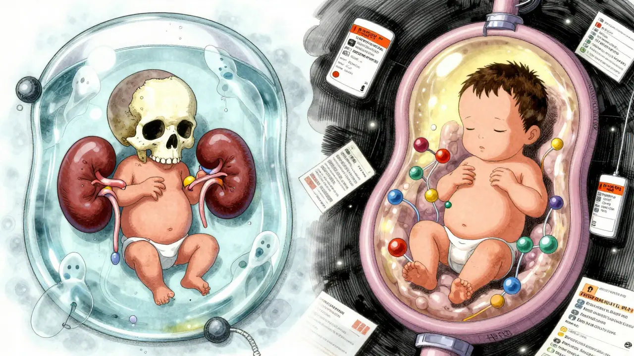 Dual fetal development scenes: one damaged by ARBs, one healthy with protective molecules, rendered in surreal, dreamlike contrast.