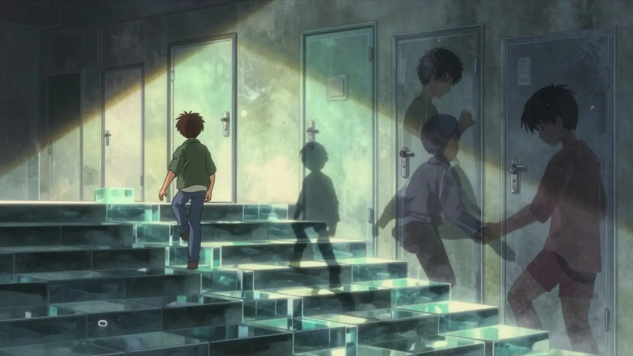 Figure climbing glass block stairs toward hopeful light behind barriers