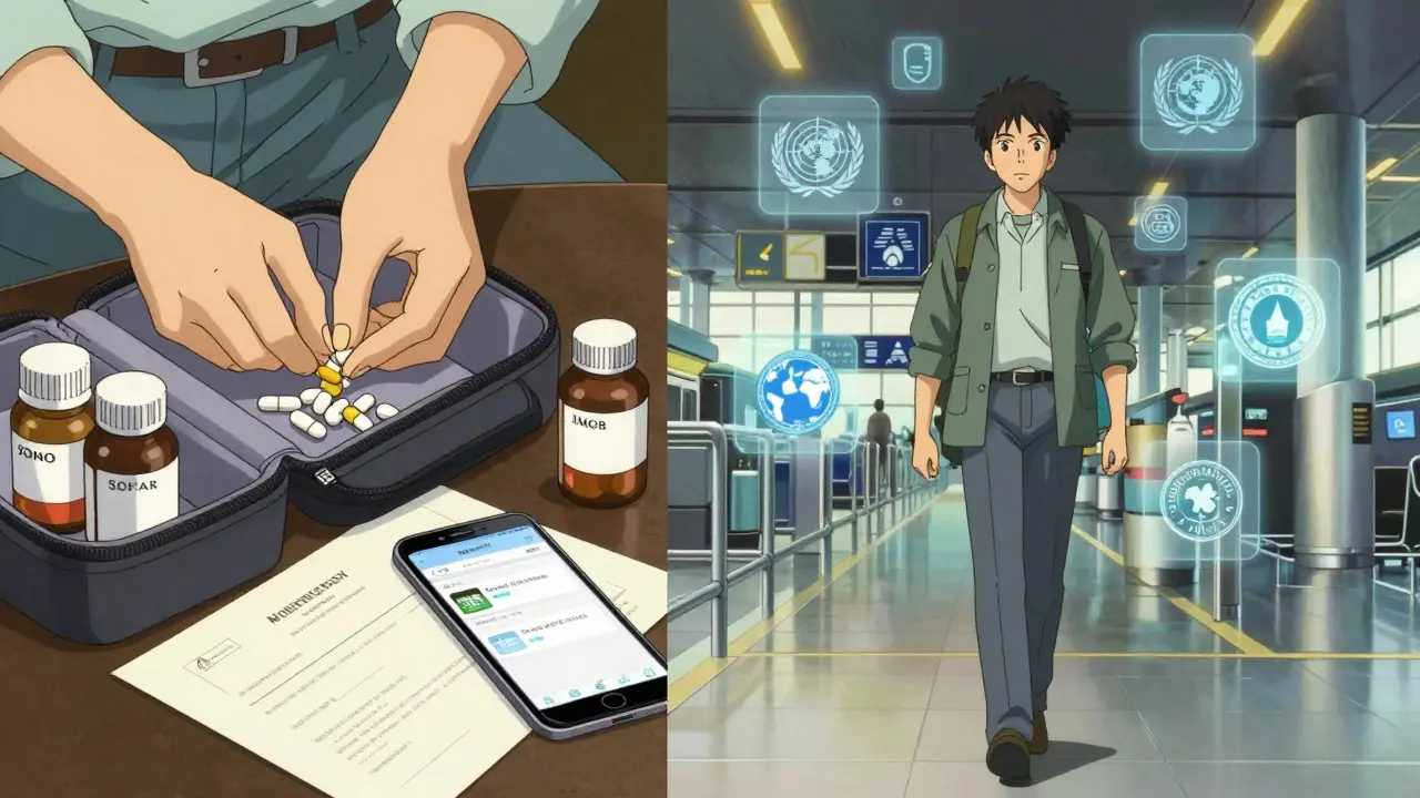 Hand packing pills beside original bottles and digital copies, glowing health agency icons guiding path.