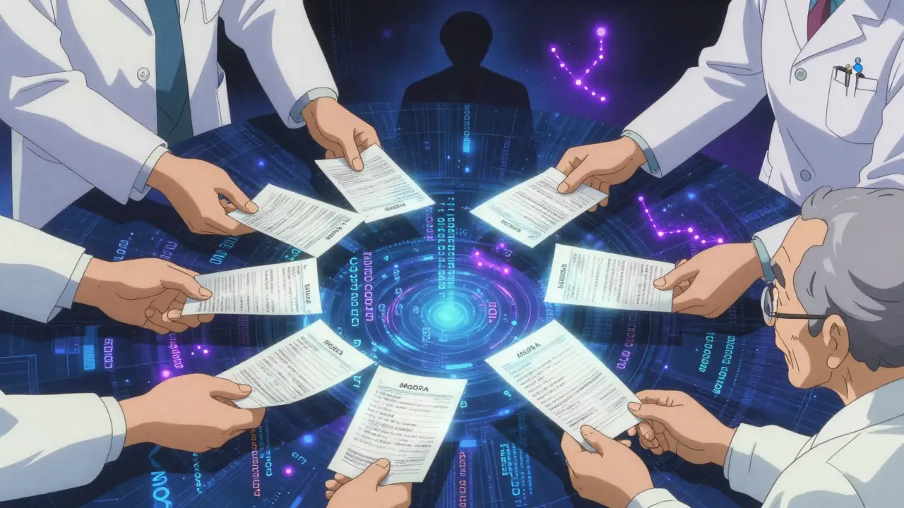 Multiple hands passing glowing reports across a digital landscape of medical codes.