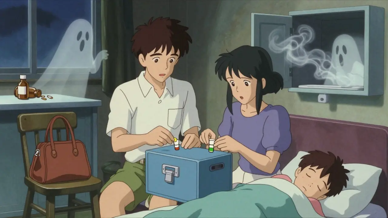 Parents locking medicine at night while child sleeps, with fading memories of unsafe moments around them.