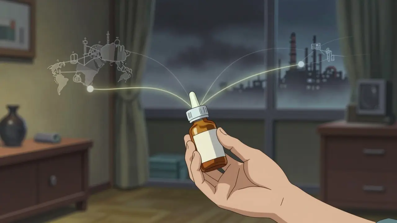 Patient hand holding medicine bottle with light threads connecting to distant factories.