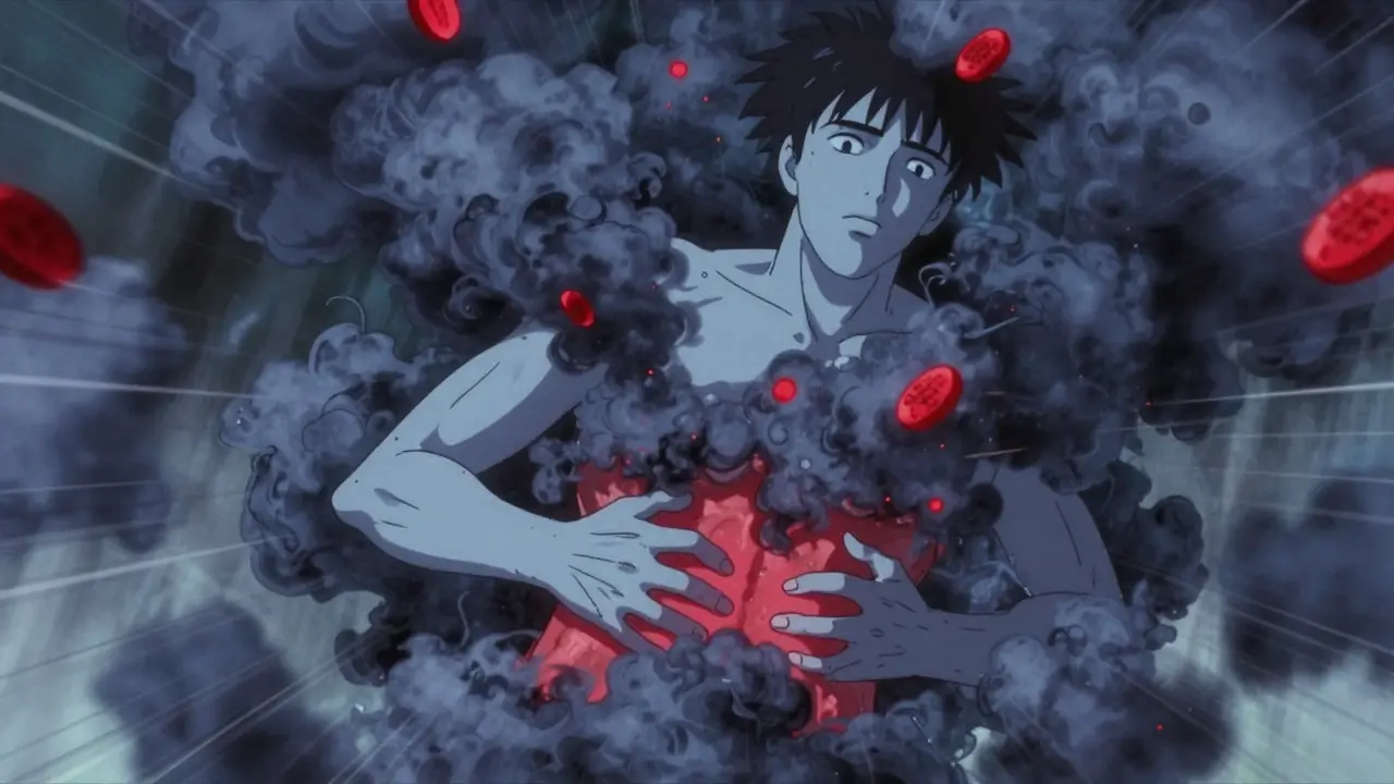 Person surrounded by dark smoke clouds representing cortisol and inflammation