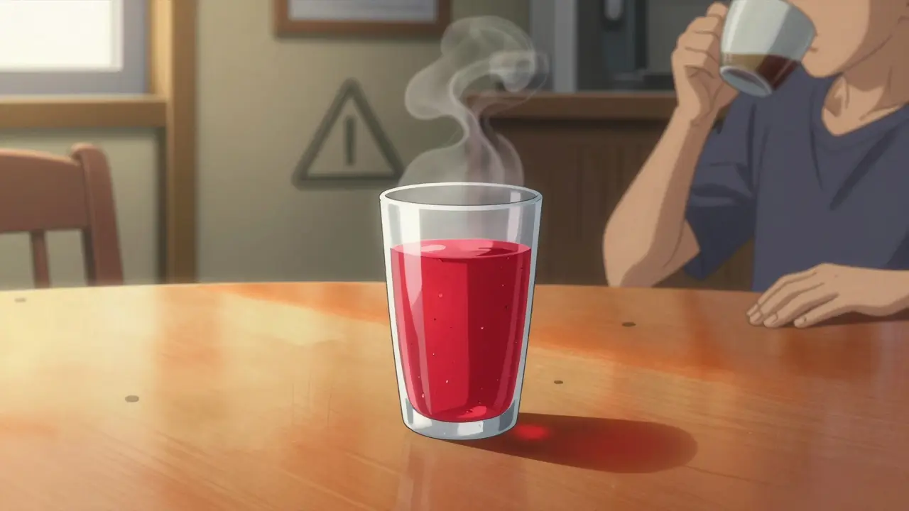 Relaxed individual drinking pomegranate juice at a sunlit morning breakfast table.