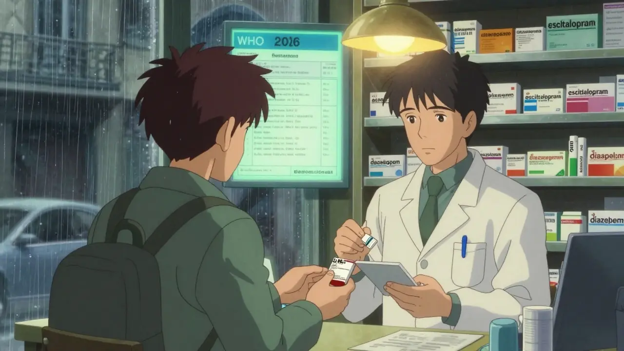 Traveler in Parisian pharmacy handing prescription to pharmacist, foreign drug labels on shelves.