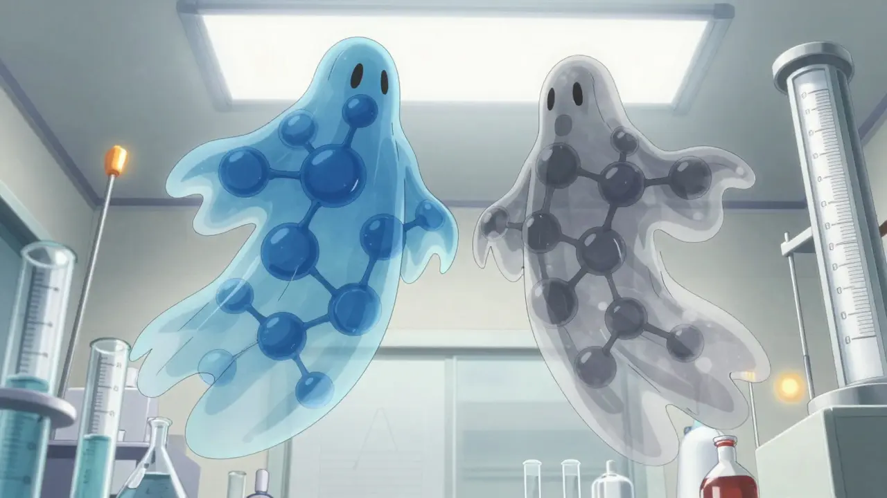 Two translucent molecular structures merging in a surreal clinical laboratory setting.