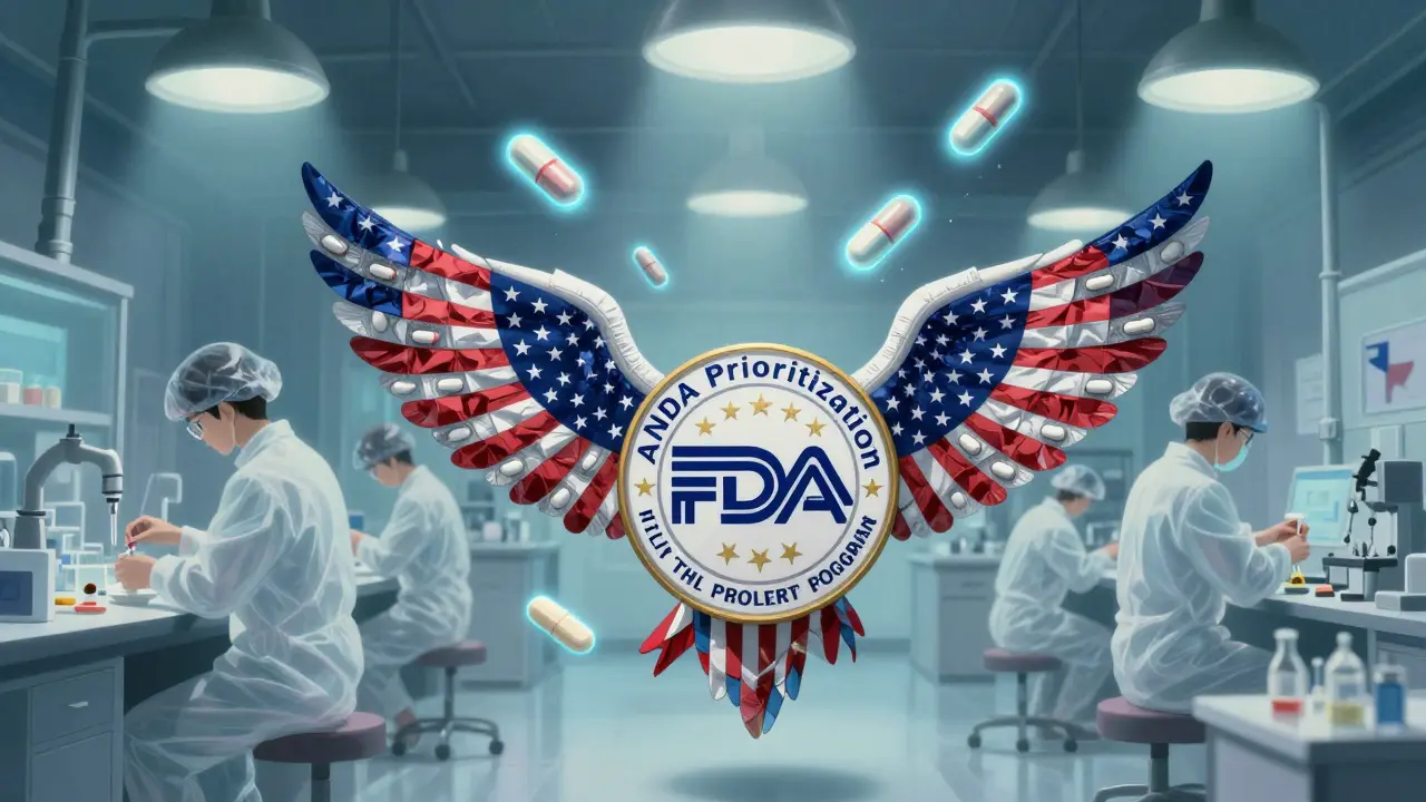 U.S.-made pills glowing in a lab, workers assembling them under bright lights, with a giant FDA seal hovering above.