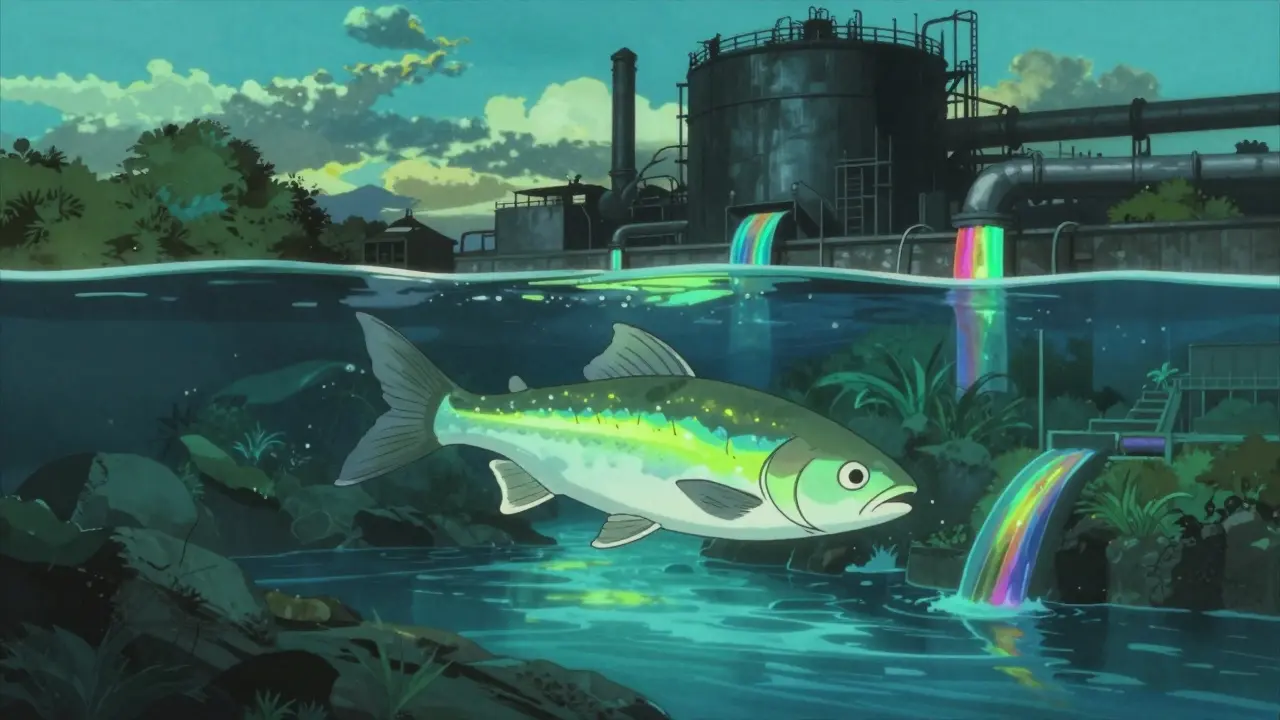 Anime illustration of a fish in a chemically contaminated river with an industrial plant in the background.