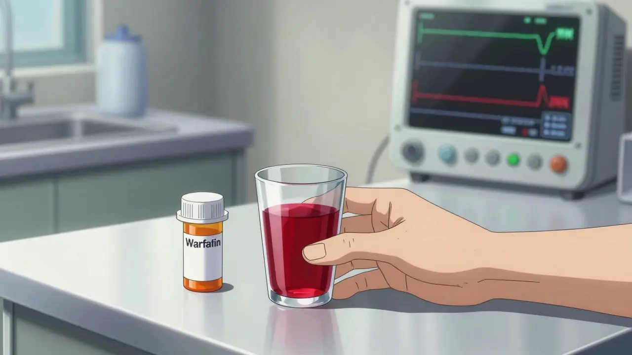 Anime scene of pomegranate juice next to Warfarin medication with a medical graph overlay.