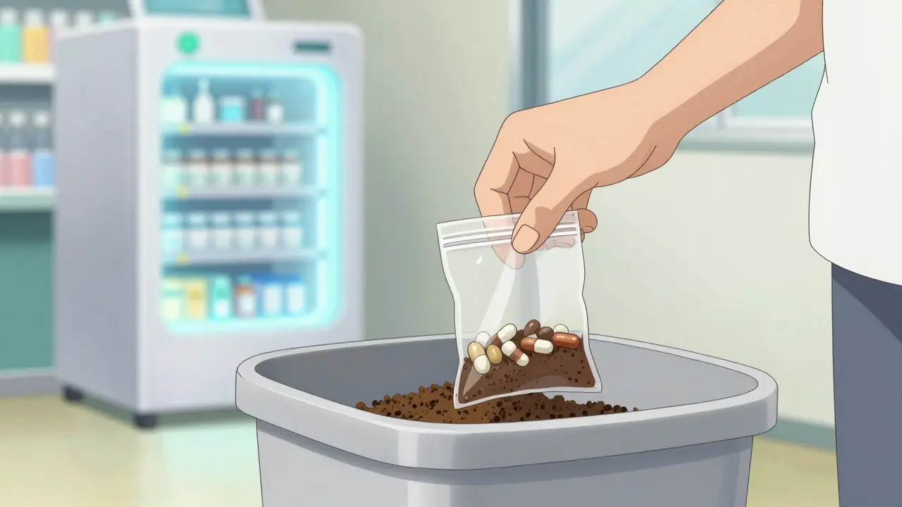 Anime style scene showing safe medication disposal using the coffee ground method and a pharmacy kiosk.