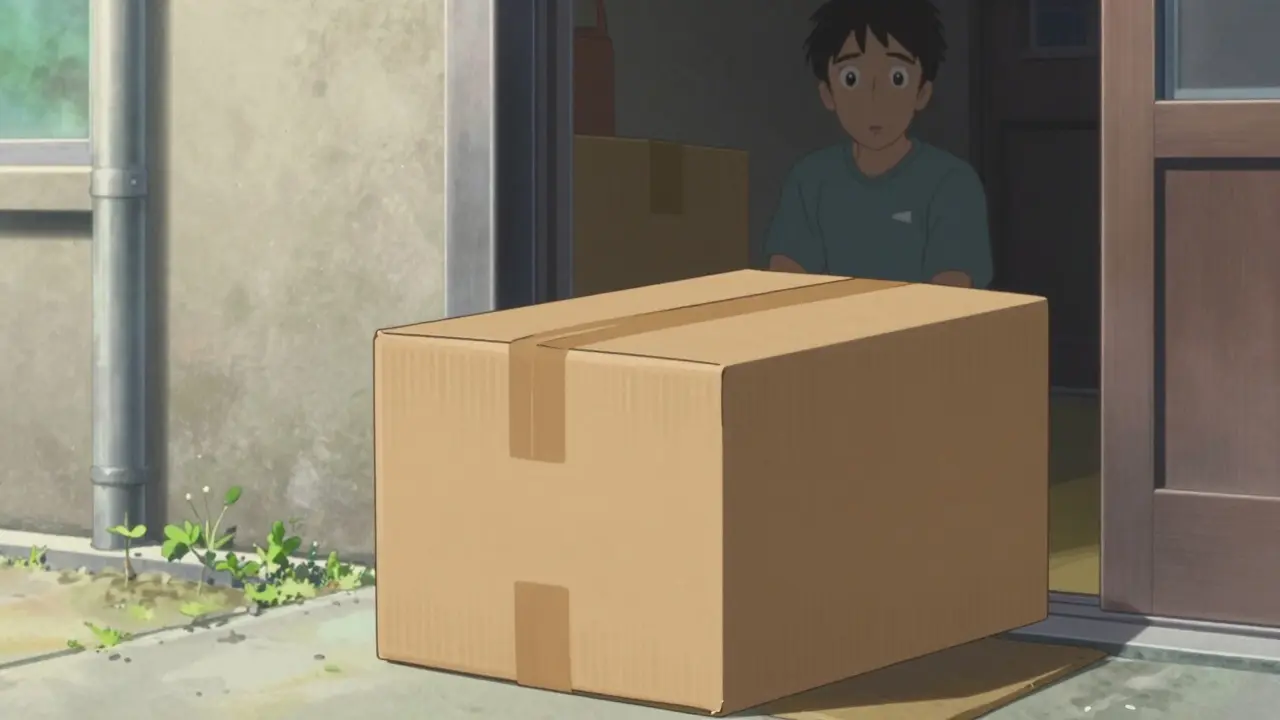 Close-up of a pharmaceutical delivery package on a city doorstep in anime style