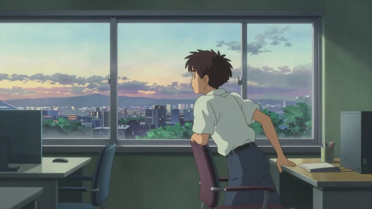 Person looking away from a computer screen toward a distant city view for a break.