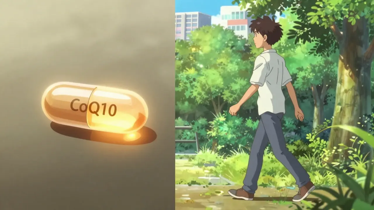 Split-screen anime scene showing a CoQ10 supplement and a person walking energetically in a park.
