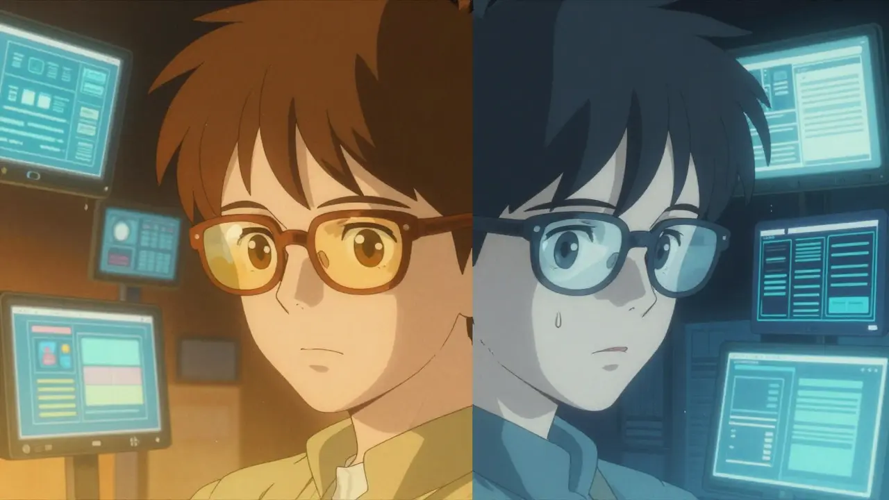 Split view comparing a world seen through amber glasses versus unfiltered blue light.