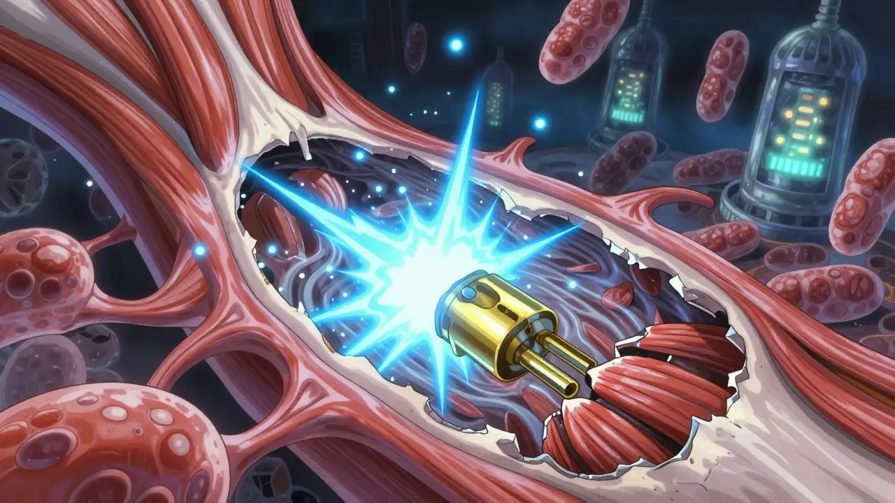 Surreal anime depiction of calcium sparks and failing mitochondria inside a muscle cell.