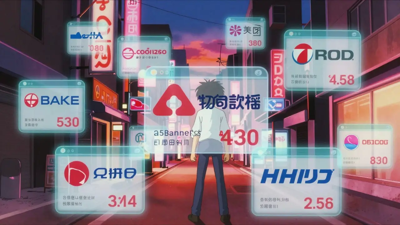 Surreal anime scene with floating price comparisons and neon city lights