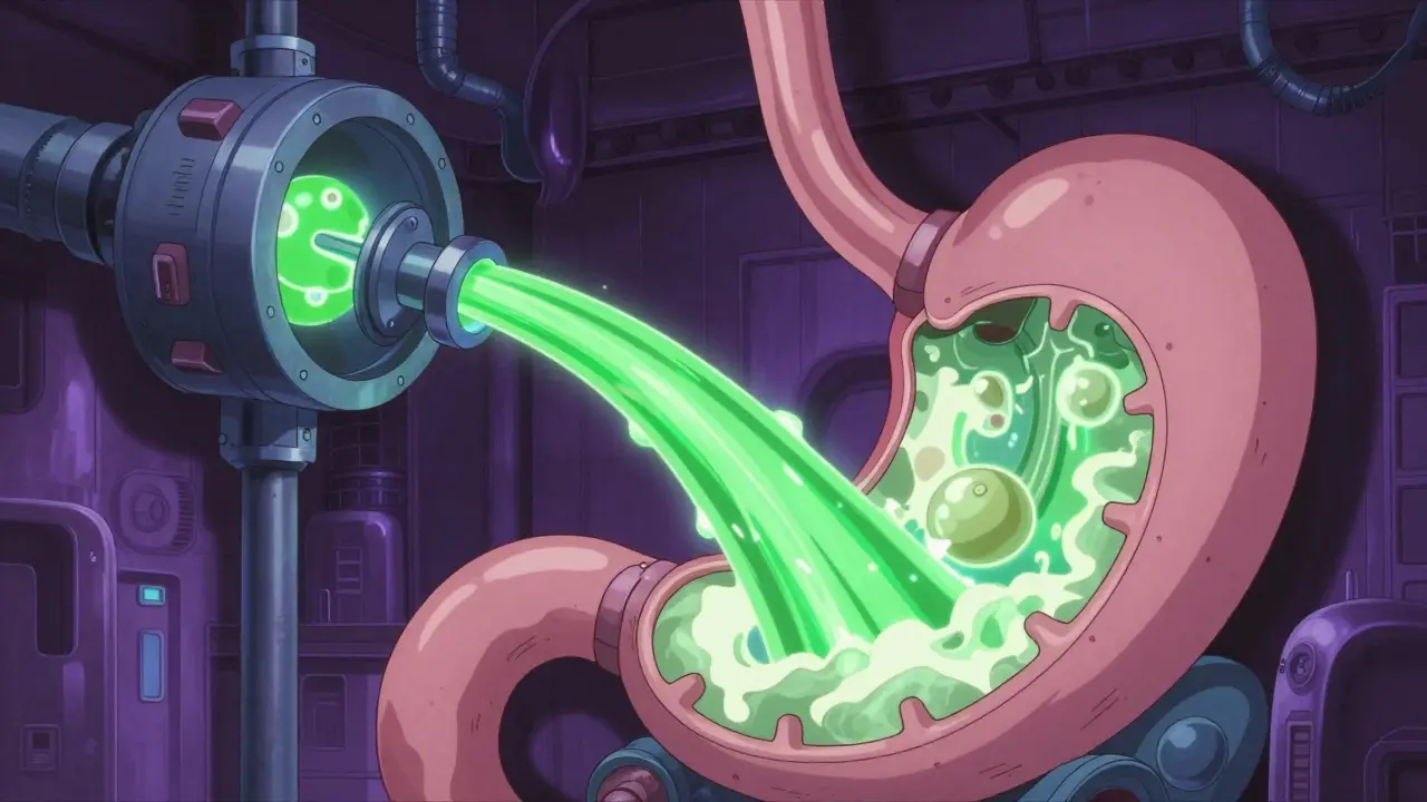 Surreal anime visualization of H2 blockers stopping stomach acid production using industrial machinery.